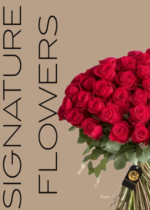 Bouquet of red roses with 'Signature Flowers' text on a beige background