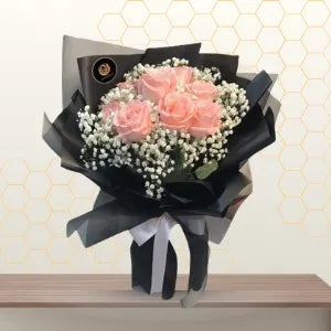 Peach Roses Black Wrapped Bouquet Main image
