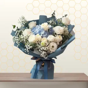 White Blue Flower Blue Wrapped Bouquet Main image