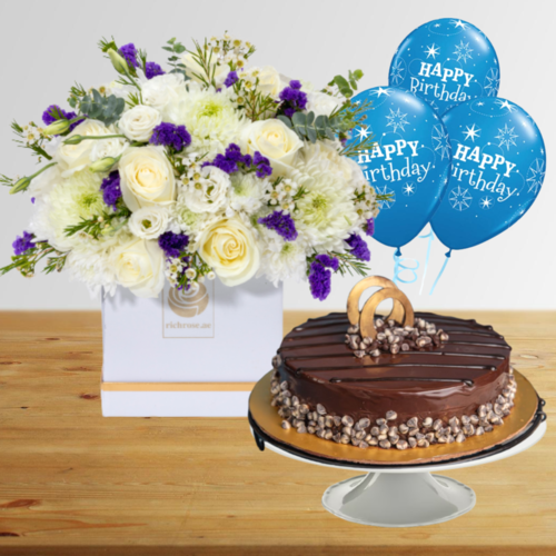 Birthday Proud -Flowers in White Box with Choco Chip Cake & Balloons