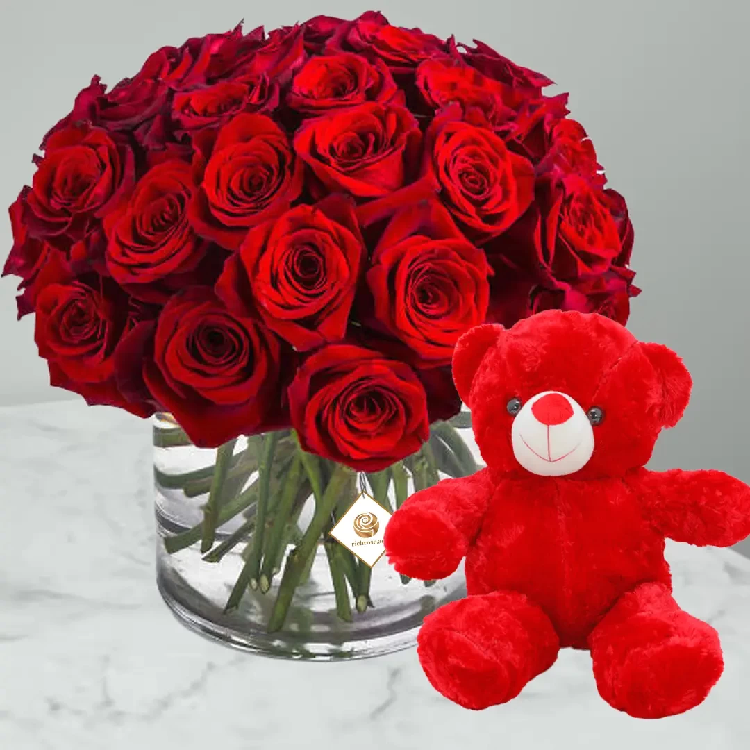 San Marino - Red Roses Vase Standard Size with Free Teddy 