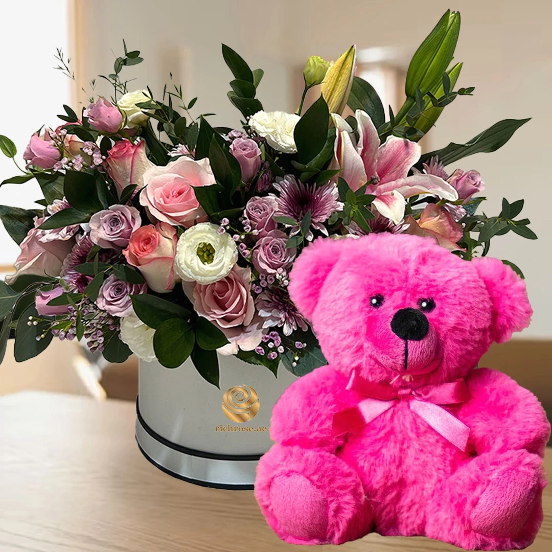 Birthday Cute - Mixed Flowers with Pink Teddy