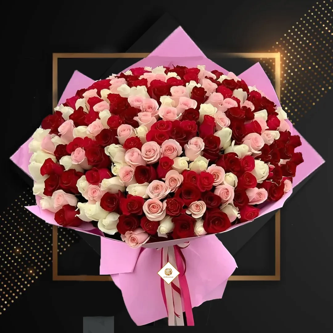 Valentine Lady - Valentine Pink, White & Red Roses Premium Bouquet