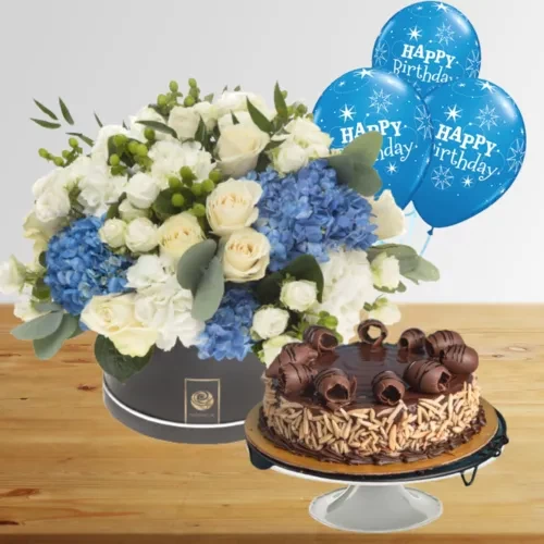 Birthday Vibes - Flowers in Black Box with Almond Cake & balloons 