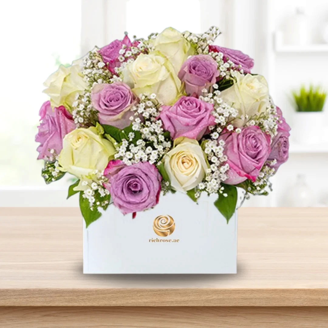 MEXICO- White and Purple Roses Box Arrangement