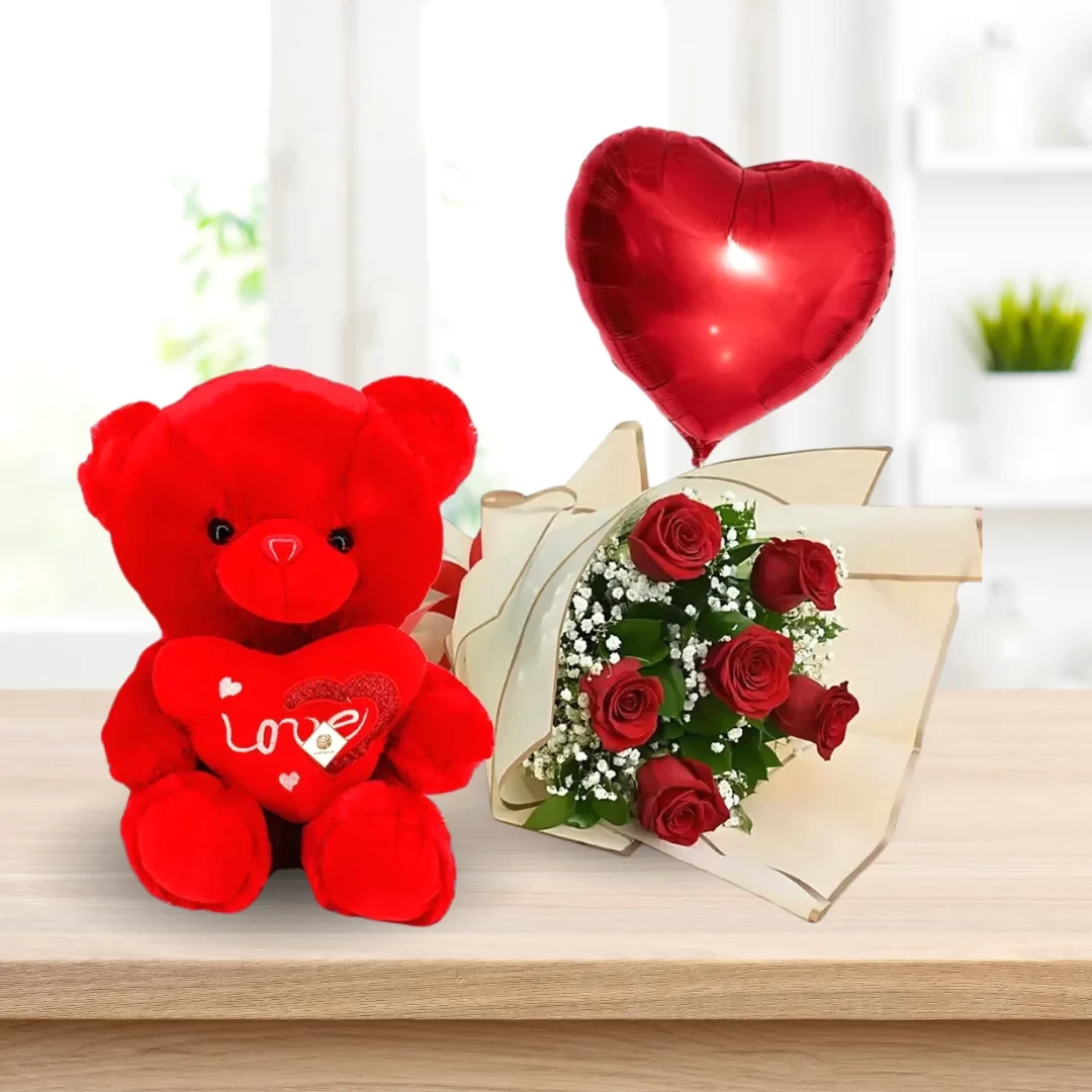 Six Red Roses Bouquet with Teddy and Red Foil Balloon