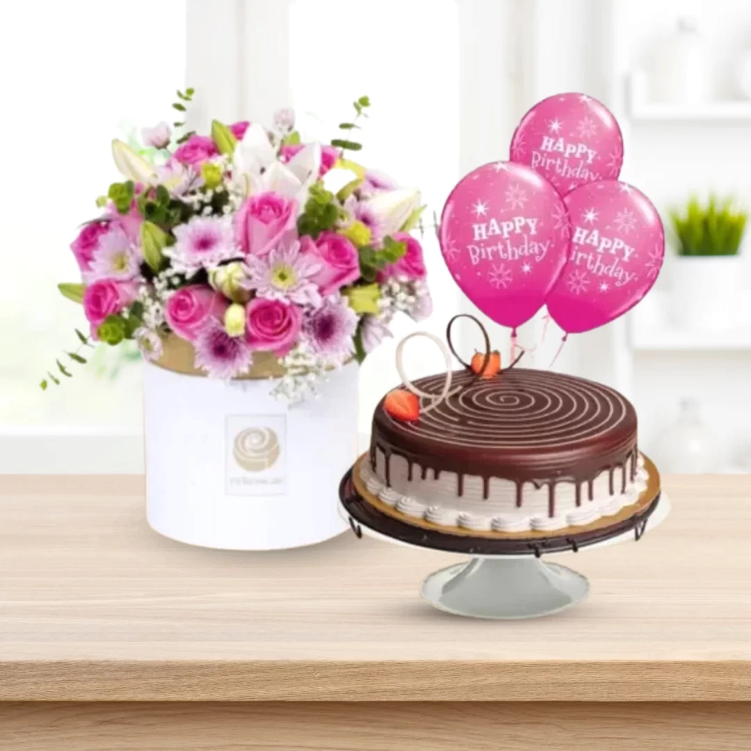 Birthday Smiles - Mixed White & Pink Flowers with cake 