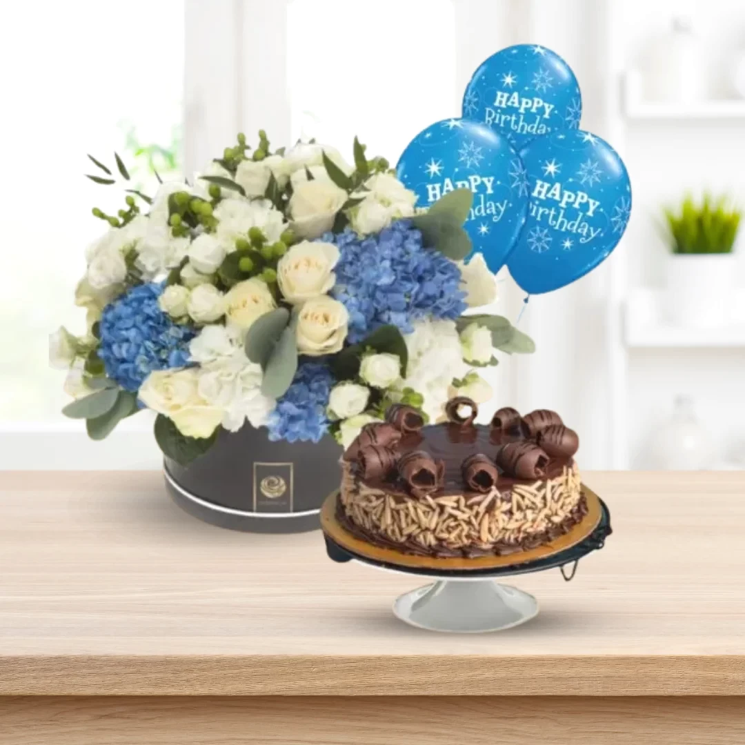 Birthday Vibes - Flowers in Black Box with Almond Cake & balloons 