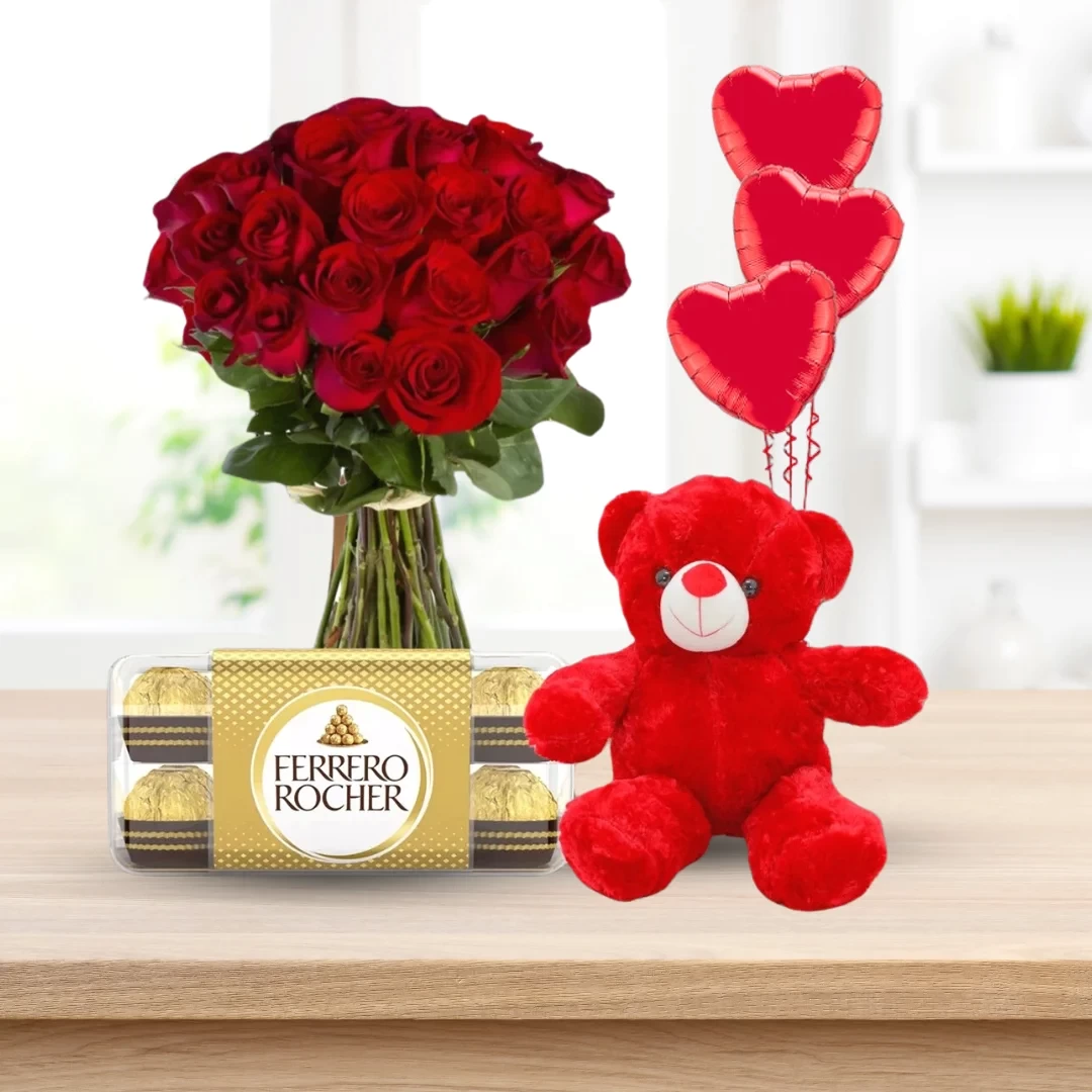 Valentines Day- 25 red rose bunch with teddy, balloons & chocolate