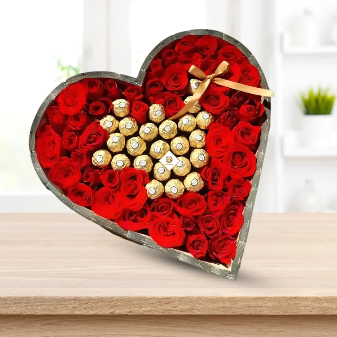 Valentine Surprise - Red Roses and Rocher Ferroro in Heart Box