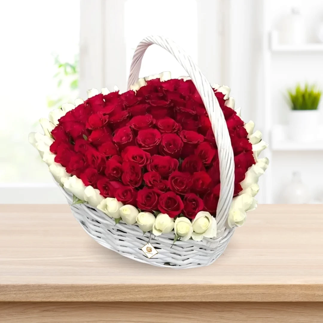 Lucky Roses -  Red and White Roses Arranged Heart Shape in Basket 