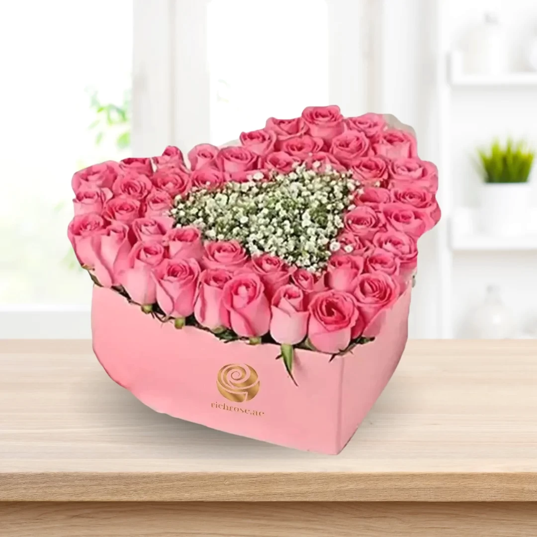 Pink Roses and Gypsophilia in Heart Box