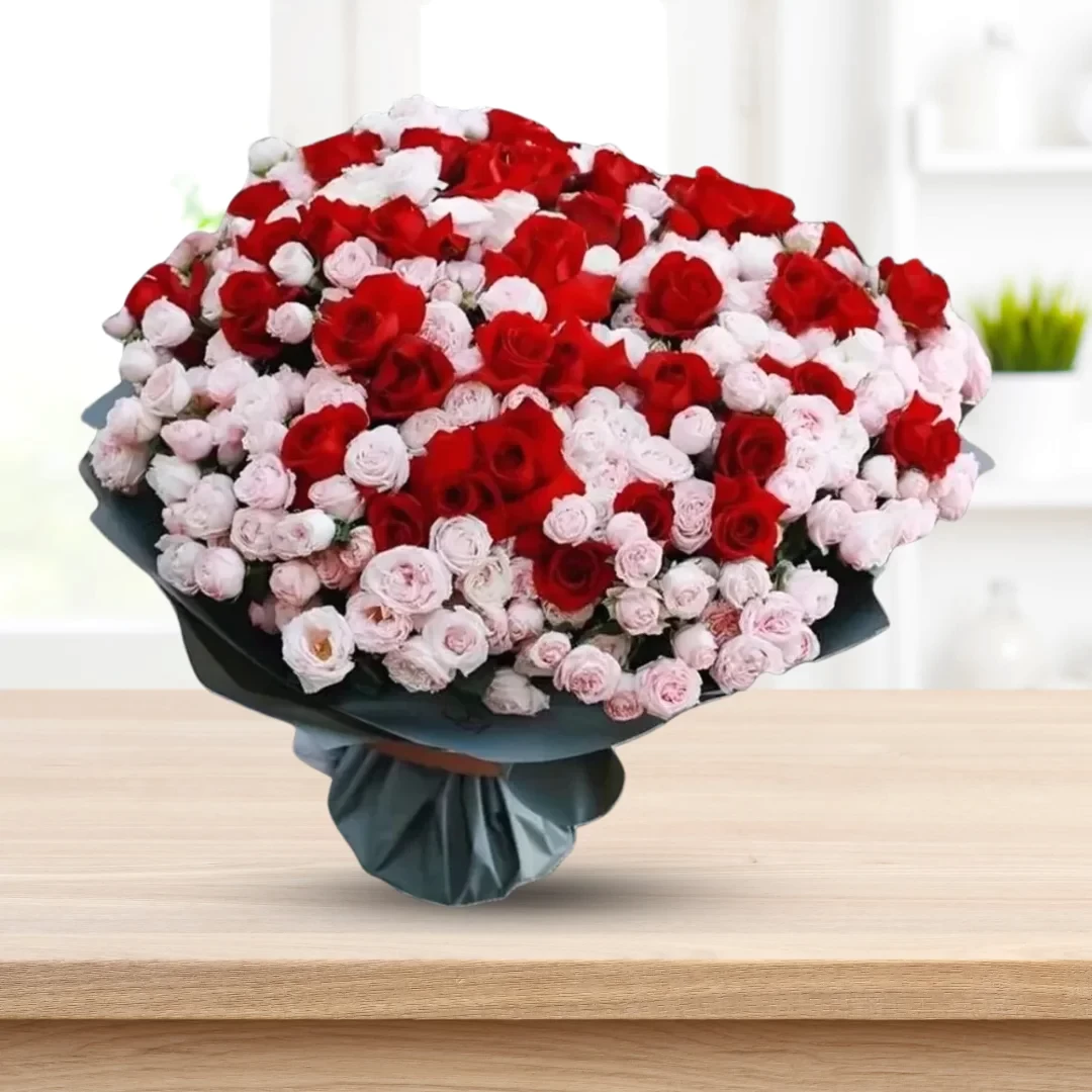 Valentine Blooms - Red Roses and Pink Baby Roses Bouquet