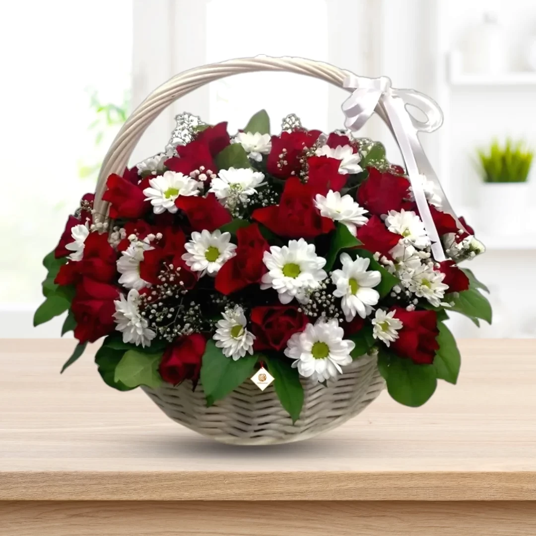 Dimple Roses - Red Roses and White Chrysanthemums in Basket