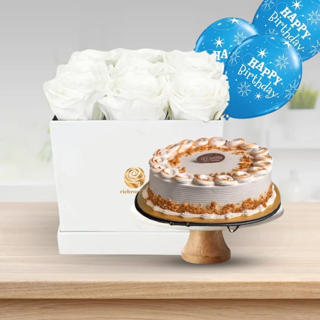 Birthday Angel - White Roses Box With Butterscotch Cake and Balloons