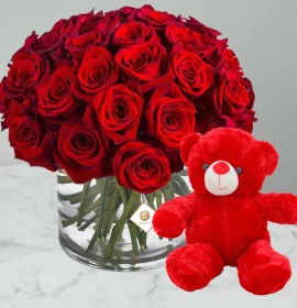 red roses in vase with teddy - free gift