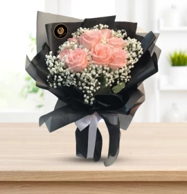 Peach Roses Black Wrapped Bouquet