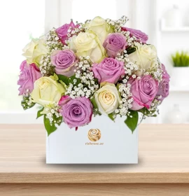 MEXICO- White and Purple Roses Box Arrangement