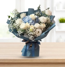 White Blue Flower Blue Wrapped Bouquet