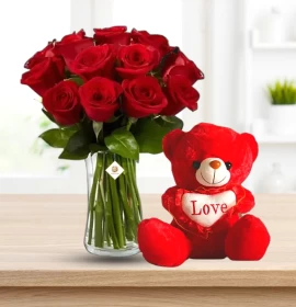 Red Roses Vase with Red Teddy