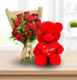 Red Roses Bouquet and Red Teddy Bear For Valentine