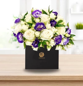 SANTIAGO- Blue Eustoma and White roses Box