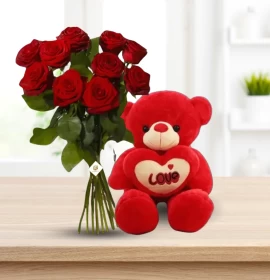 Ten Red Roses Bunch and Teddy Bear (40 cm)