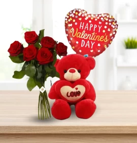 Six Red Rose Bunch with Teddy and Valentine Foil Balloon