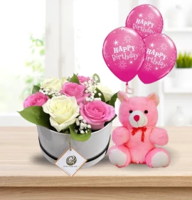 roses box with teddy and helium balloons