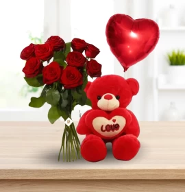 Ten Red Roses Bunch with Teddy and Red Heart Balloon