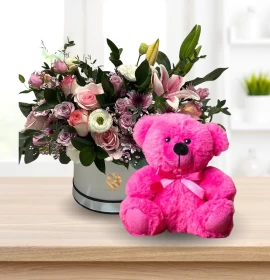 Birthday Cute - Mixed Flowers with Pink Teddy