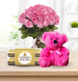 Wonderful Birthday - 20 pink roses bunch with Ferrero Rocher & teddy