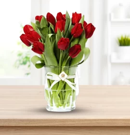 Honey Bee - Valentine's Red Tulips in Vase