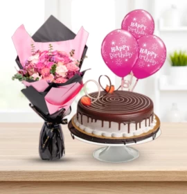 Birthday Darling - Roses Bouquet with Choco Vanilla Cake & balloons