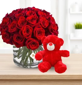 red roses in vase with teddy - free gift