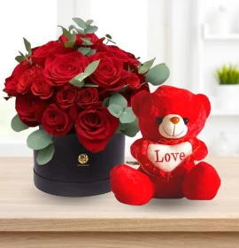 Red Roses Box with Red Teddy