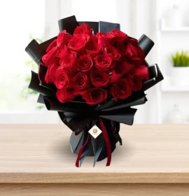 Valentine Snuggles - Red Roses Black Wrapped Bouquet