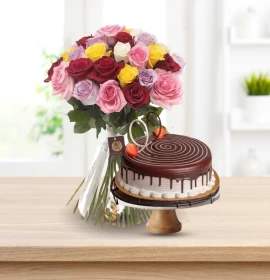 Awesome Birthday - Roses bunch with vanilla chocolate cake