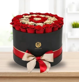 Dovey - Valentines Red and Golden Roses Roun Box