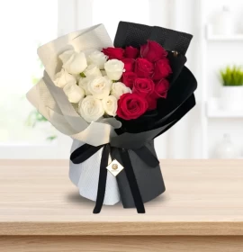 Red & White Roses Black & White Wrapped Bouquet