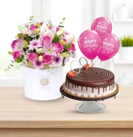 Birthday Smiles - Mixed White & Pink Flowers with cake 