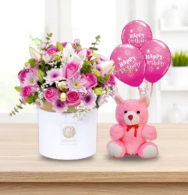 Birthday Blessings - Mixed Flowers with teddy and balloons