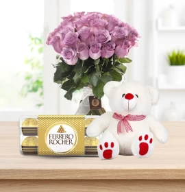 Birthday Chill Out - Rose Bunch with teddy & Ferrero Rocher