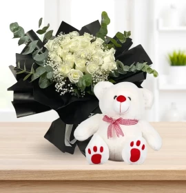 white roses bouquet - free teddy - free gift