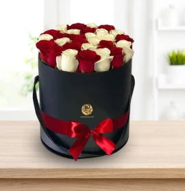 Peanut - Valentine's Red and White Roses in Black Round Box