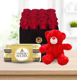 16 Red Roses Box with Teddy and Rocher Ferroro Chocolate