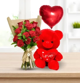 Red Roses Bouquet with Red Foil Balloon and Red Teddy