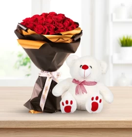 red roses bouquet and free teddy bear - free gift