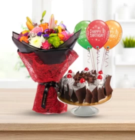 Birthday Party -  Mixed Bouquet with Black Forest Cake & 3 Helium Balloons