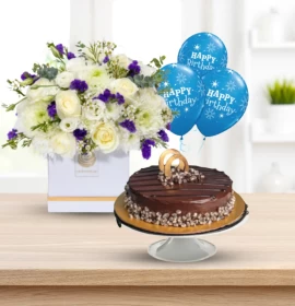 Birthday Proud -Flowers in White Box with Choco Chip Cake & Balloons